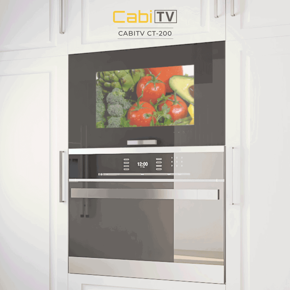 A fully functional android TV that can be installed as a cabinet door for your kitchen storage.