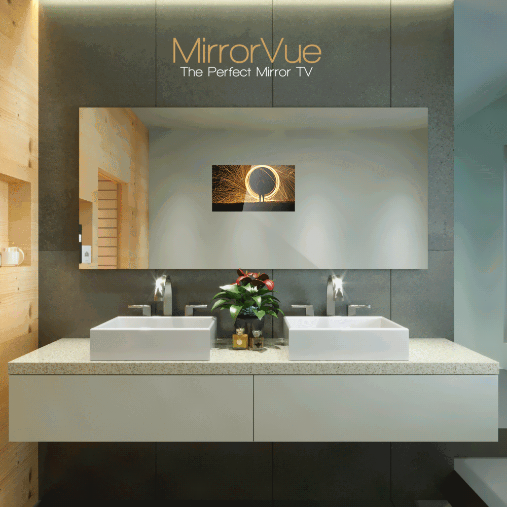 Bathroom featuring MirrorVue Mirror TV, displaying various installation options for TVs in Canberra.